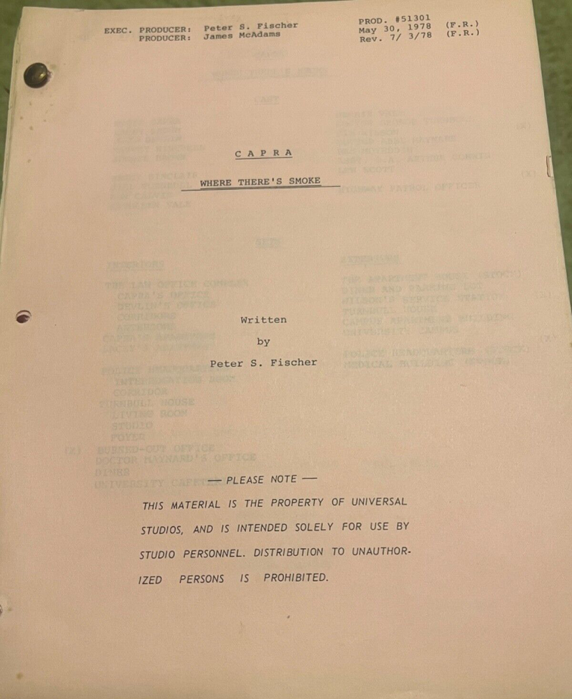 T.V. Script Capra "Where There's Smoke" TV Script 1978 Original
