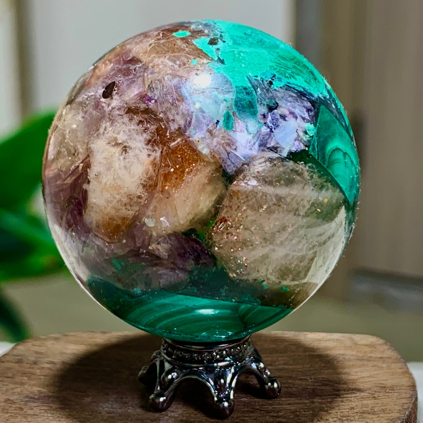 79G Newly discovered rare malachite purple mica symbiotic sphere restoration