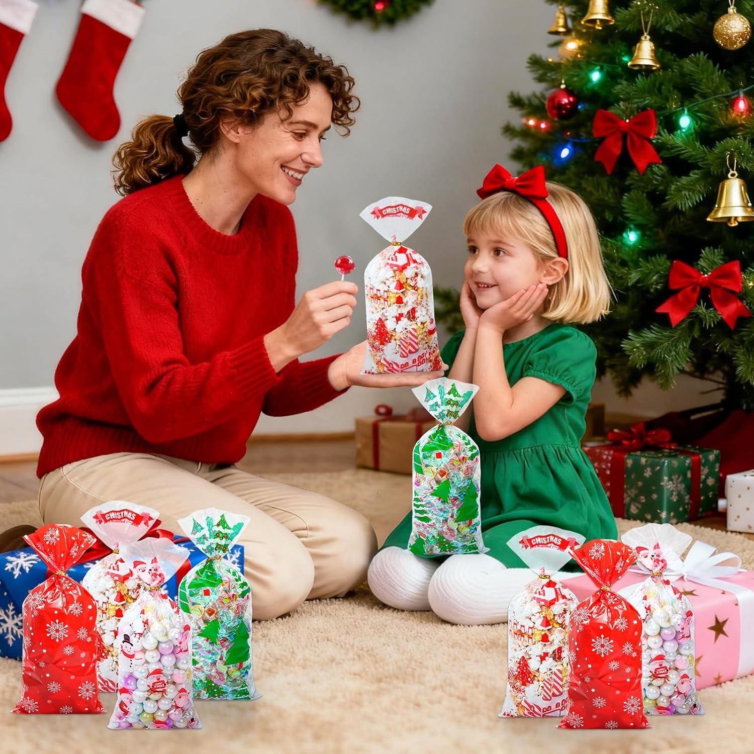 120 Pcs Christmas Cellophane Treat Bags Red Green Holiday Gift Cookie Wrap Sack