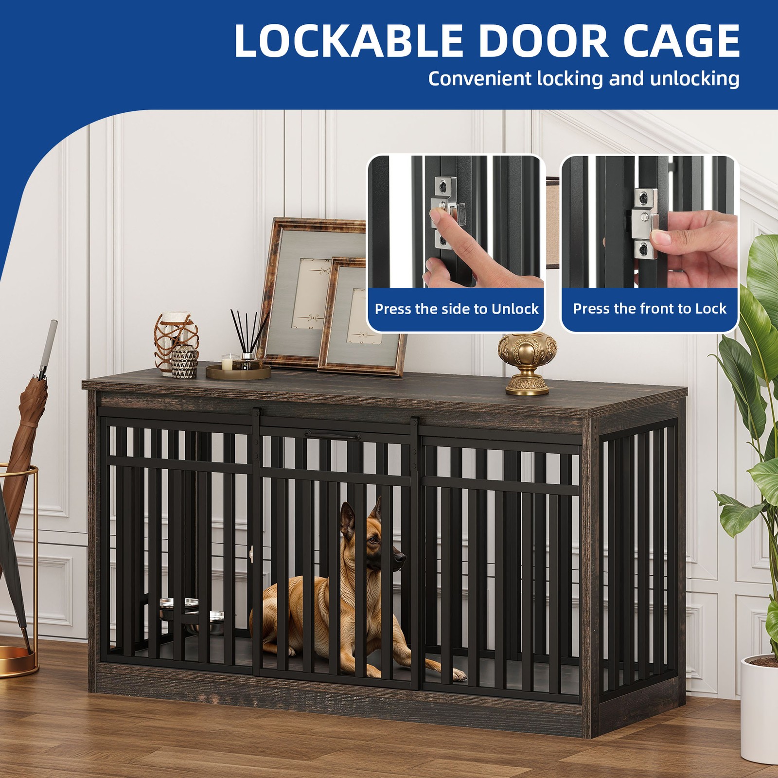 55" Extra Large Dog Crate Furniture Heavy Duty Metal Dog Kennel w/ Sliding Door