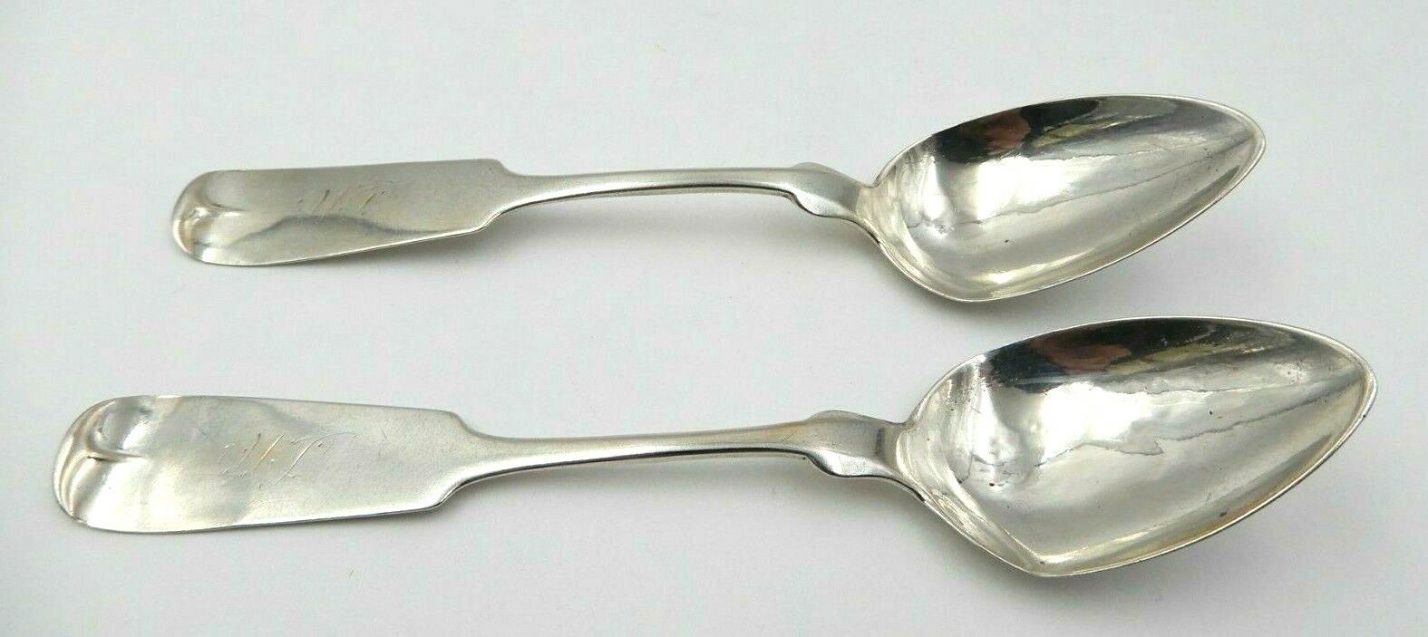 ANTIQUE SET OF TWO E.S. HUNTINGTON CO. (CT) MONOGRAMMED COIN SILVER SPOONS
