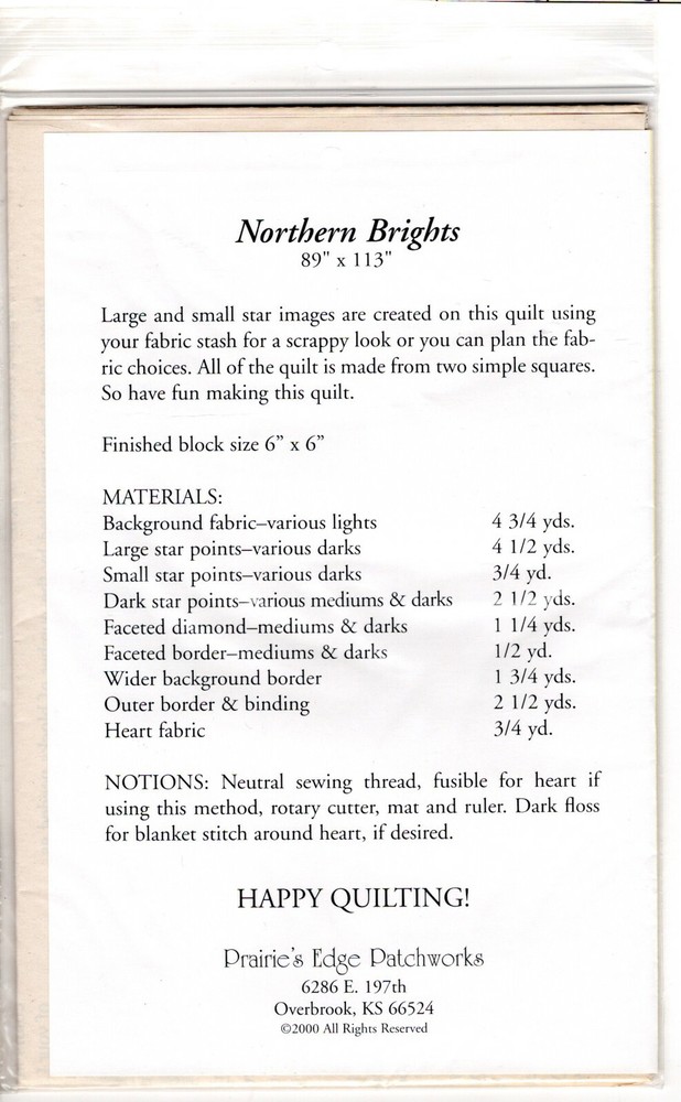 "Northern Brights" ©2000 Prairie's Edge Patchworks Quilt Pattern/Inst Pack 00621