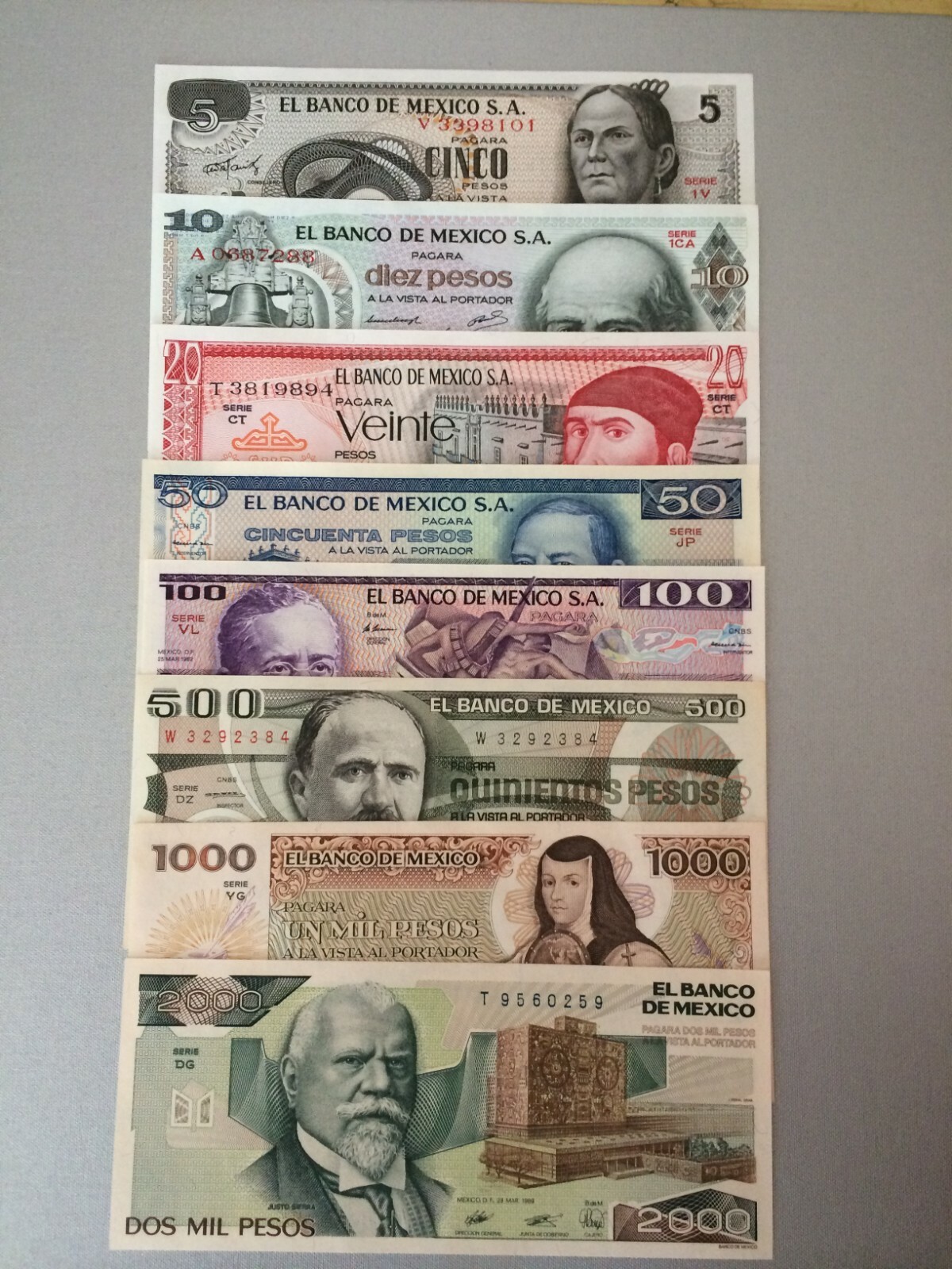 MEXICO PESO BANKNOTE SERIES  A.UNC. 5,10,20,50,100,500,1000,2000 PESOS (8) LOT