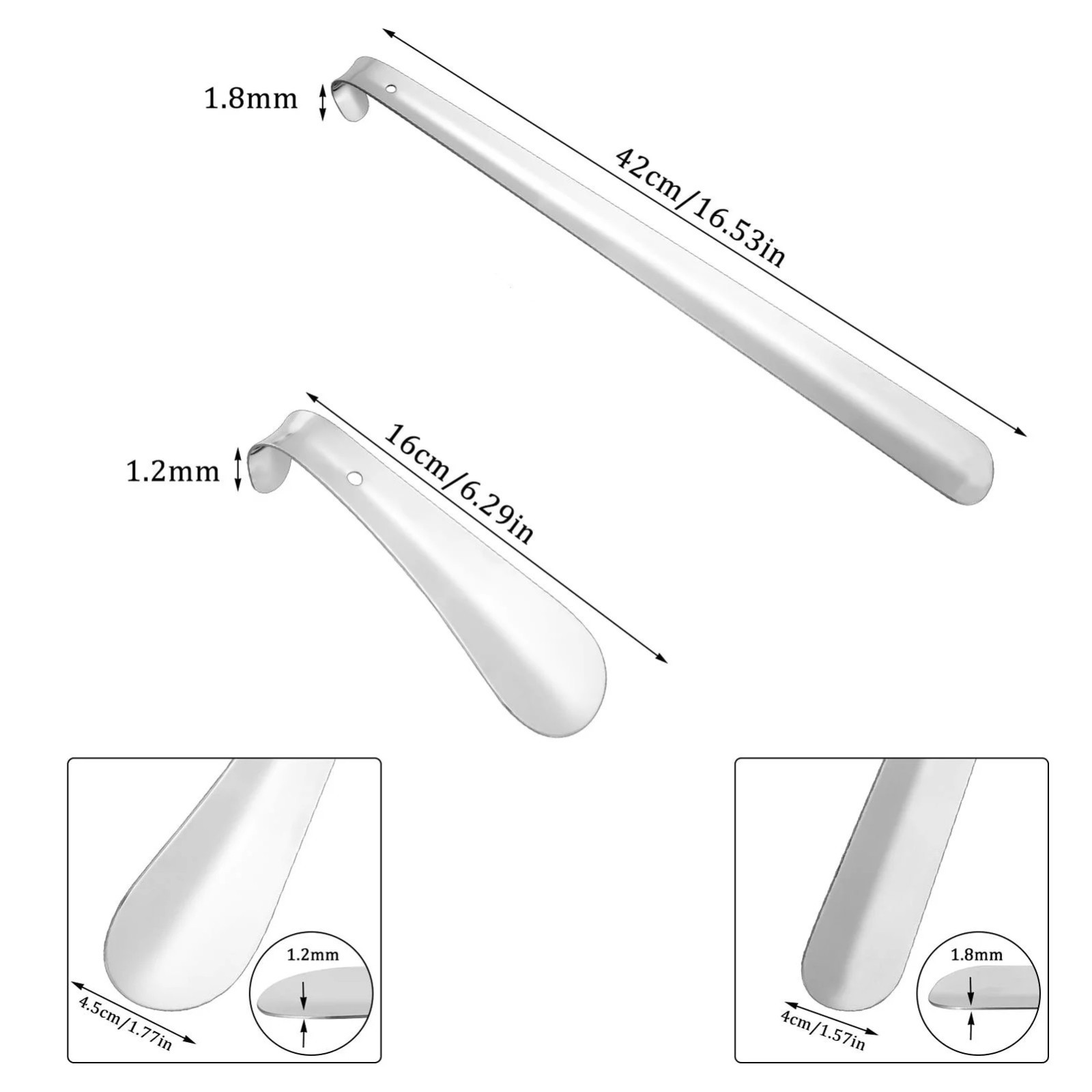 16.5" Extra Long Handle Shoe Horn Stainless Steel Handled Metal Shoehorn Horns