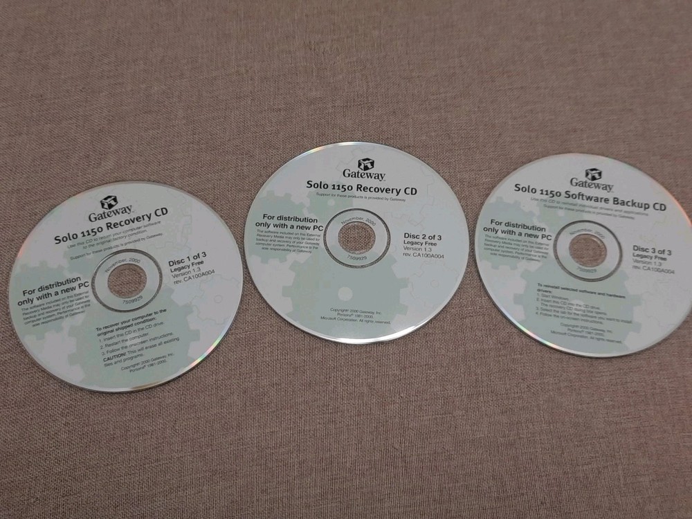 Gateway Solo 1150 Recovery CD 2000 Version 3 CD DVD Complete 3 Disk Recovery