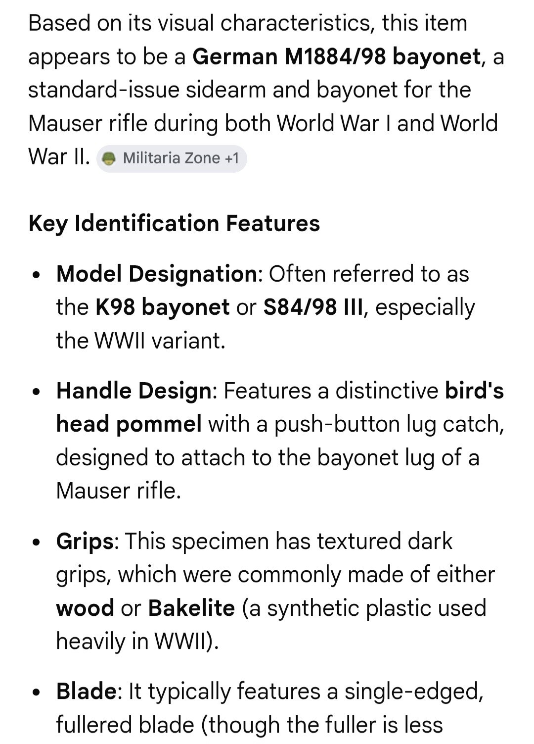 Rare K98 German Mauser M1884/98 STD ISSUE Sidearm Bayonet Birdshead Pommel