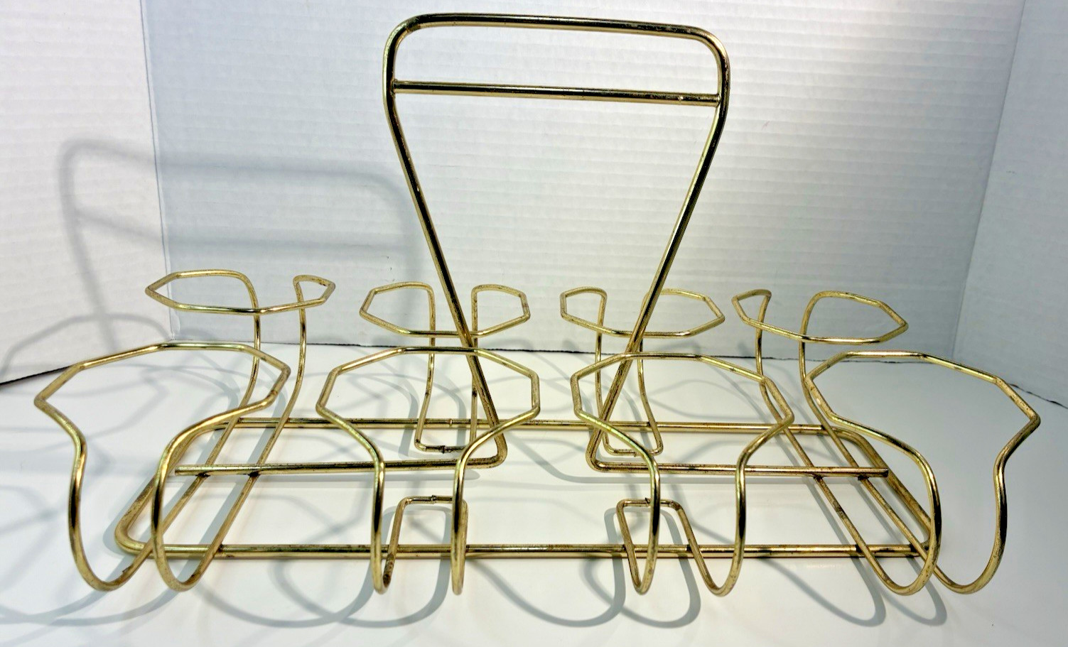 VTG 8-Glass Metal Wire Drink Caddy Rack Beverage Holder w/Handle Gold Tone MCM
