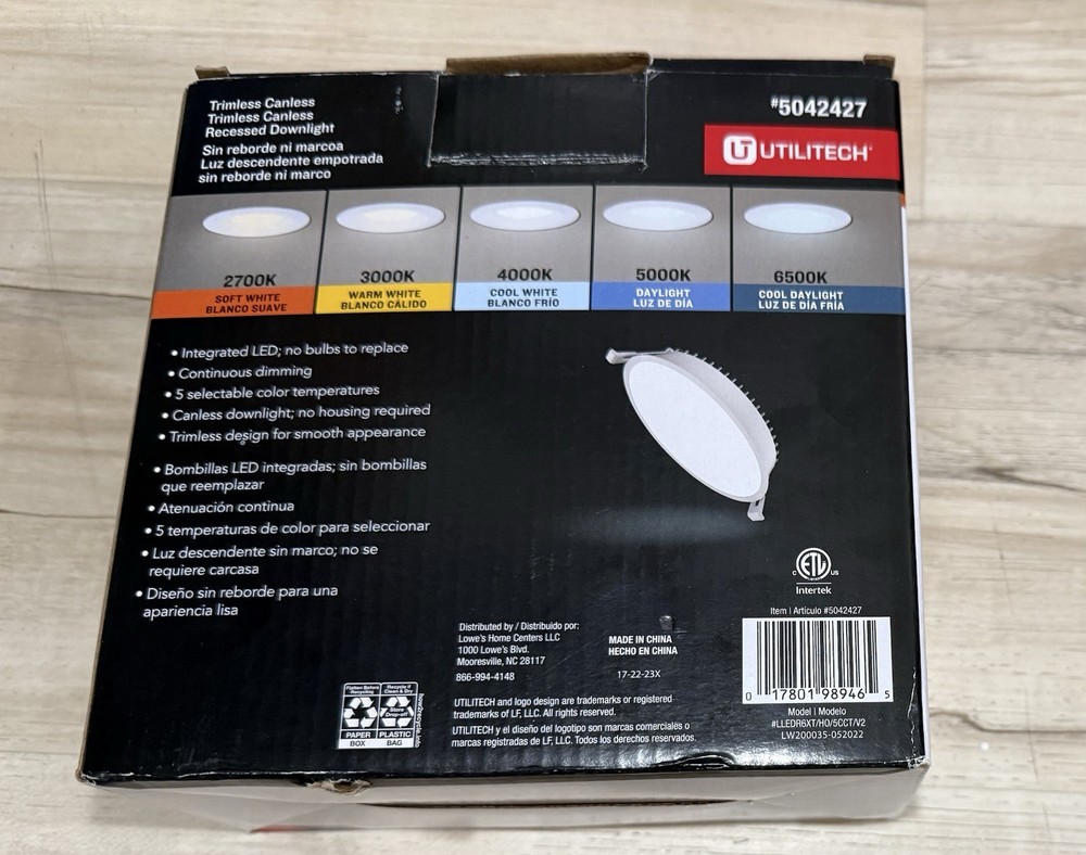 Utilitech 6" 1200 Lumens LED Canless Trimless Recessed Downlight White Dimmable