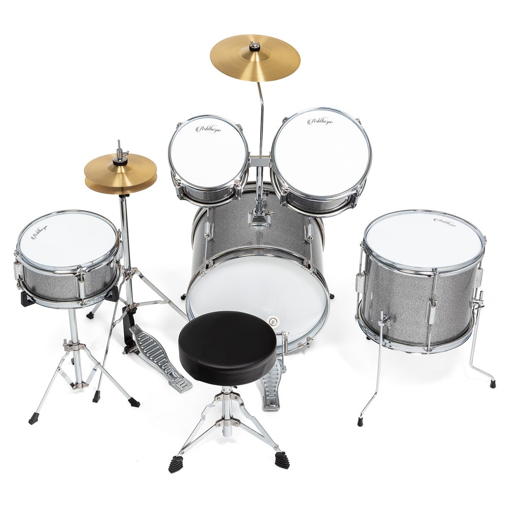 OPEN BOX - 5-Piece Junior Drum Set with Brass Cymbals - Starter Kit - Silver
