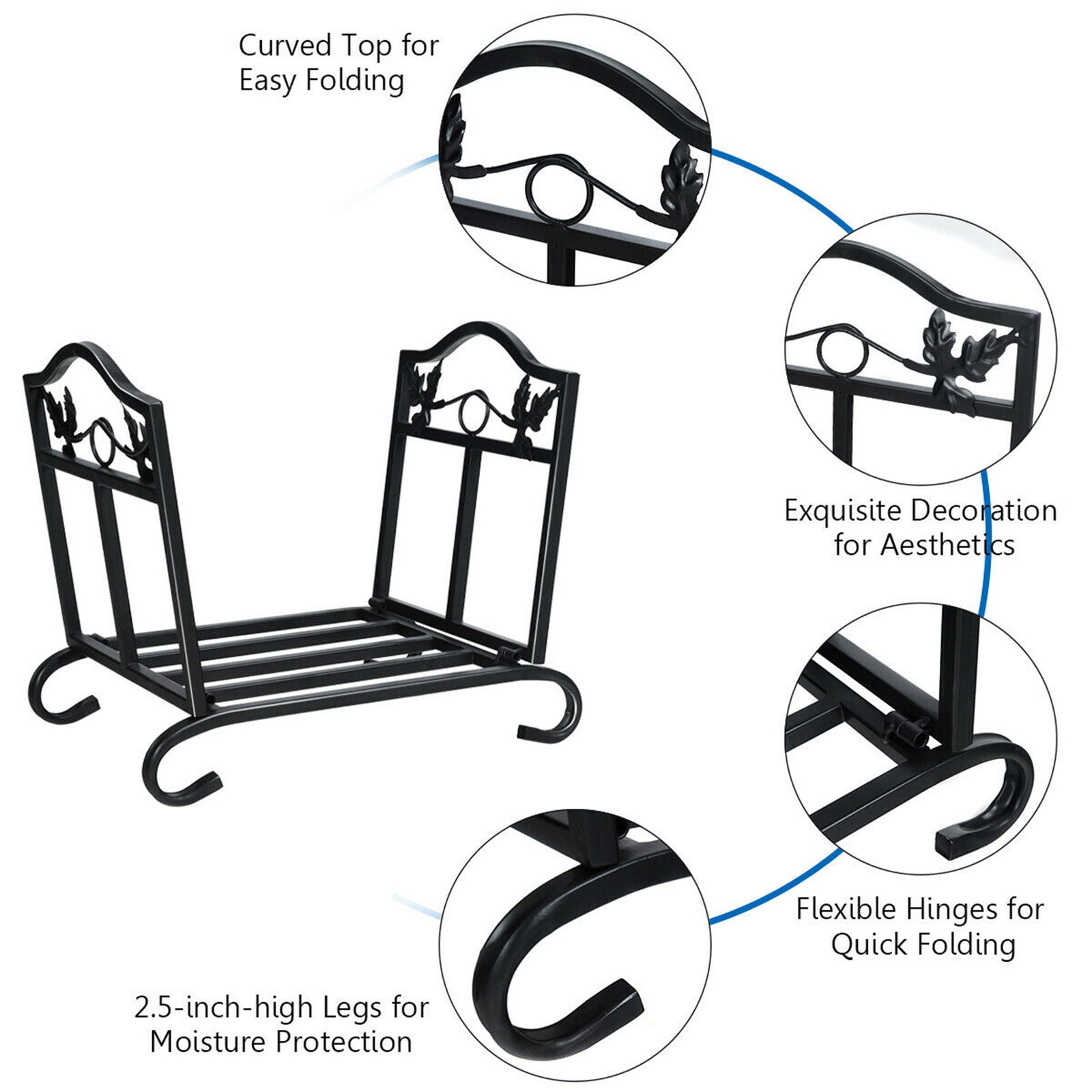 Foldable Firewood Log Rack Steel Wood Storage Holder for Fireplace Black