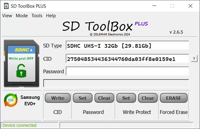 SD card toolbox PLUS. Read CID/CSD, set / remove password & write protection.