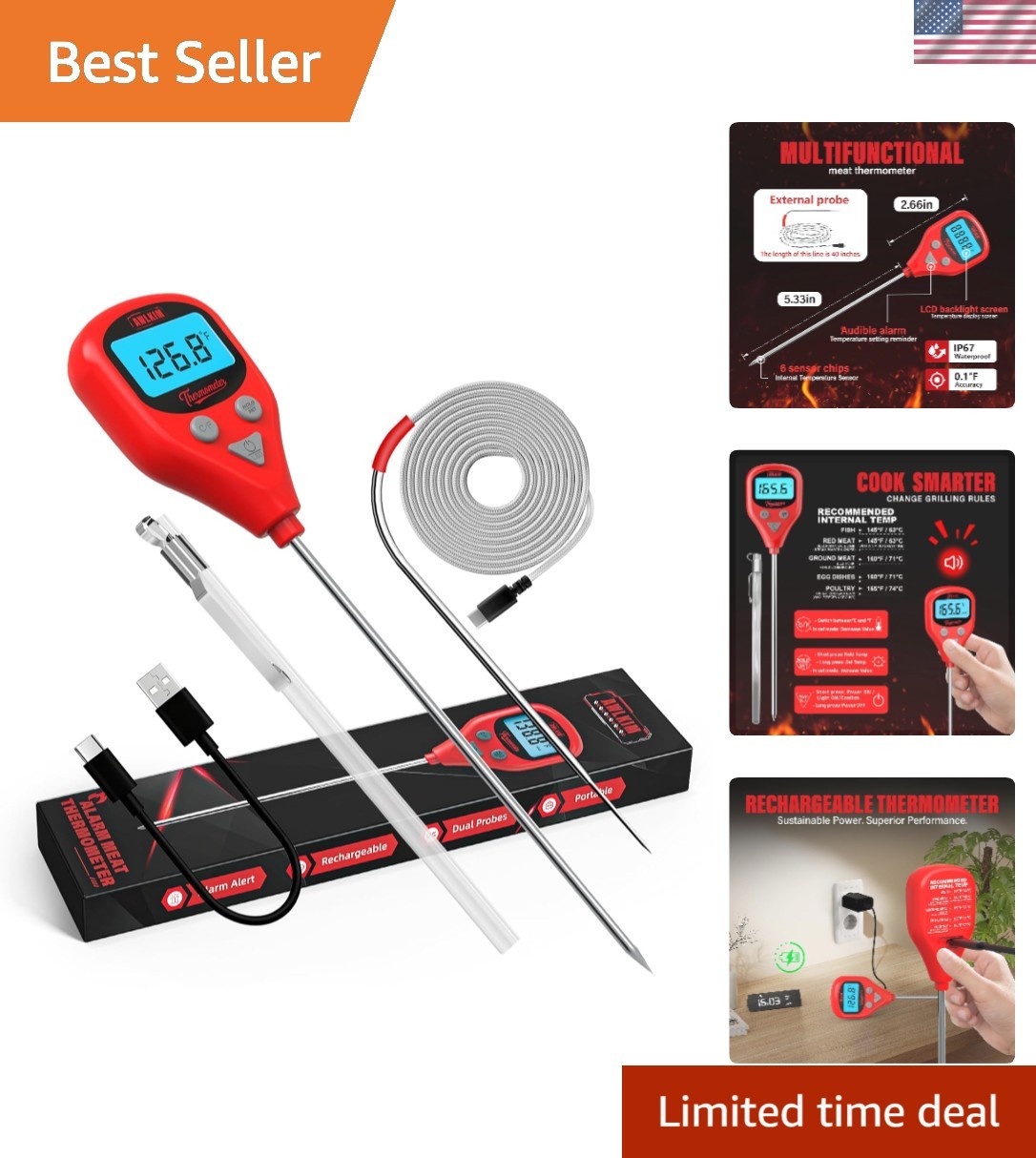 Rechargeable Digital Meat Thermometer with 3.3ft External Probe- Waterproof
