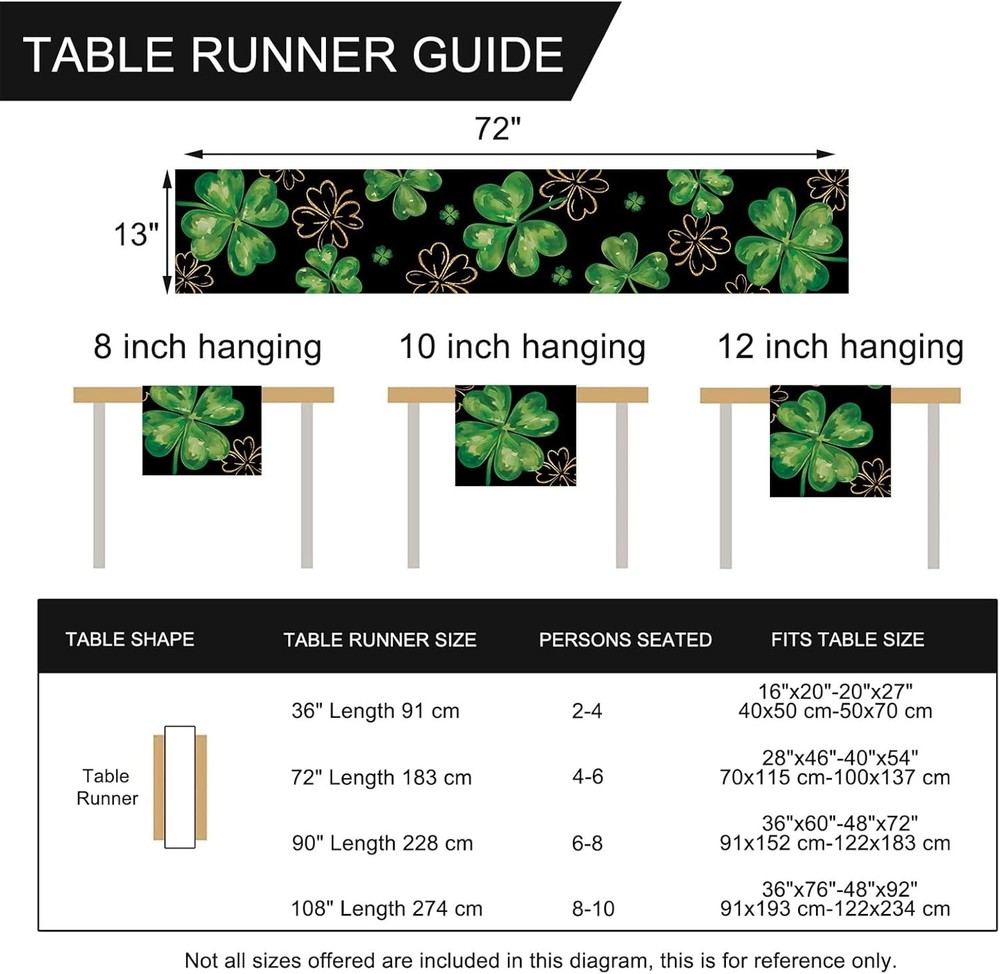 St. Patrick'S Day Black Table Runner, Gold Shamrock Clover Kitchen Dining Table