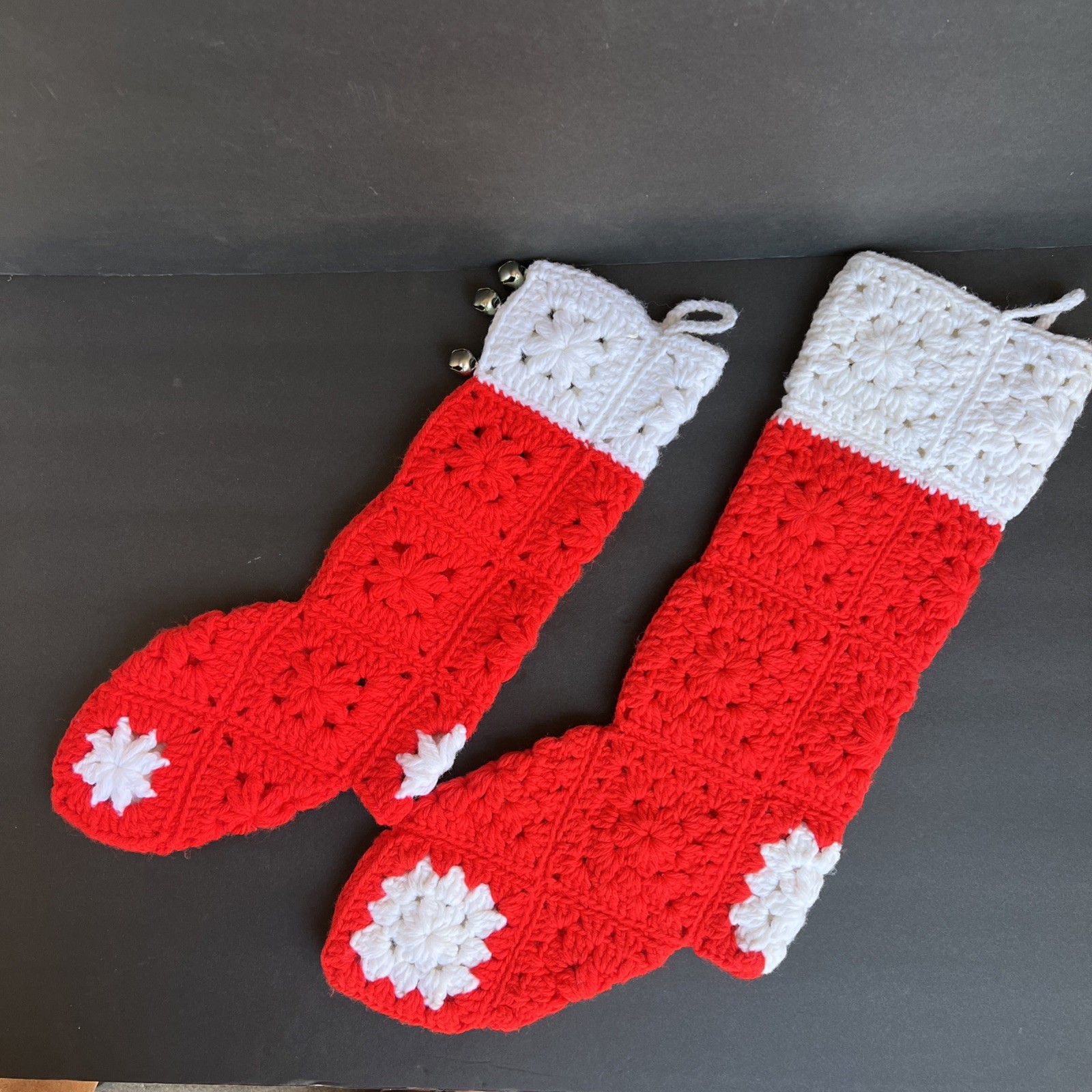 VTG Crochet Christmas Stockings Pair Red White Granny Squares Handmade 21” & 17”