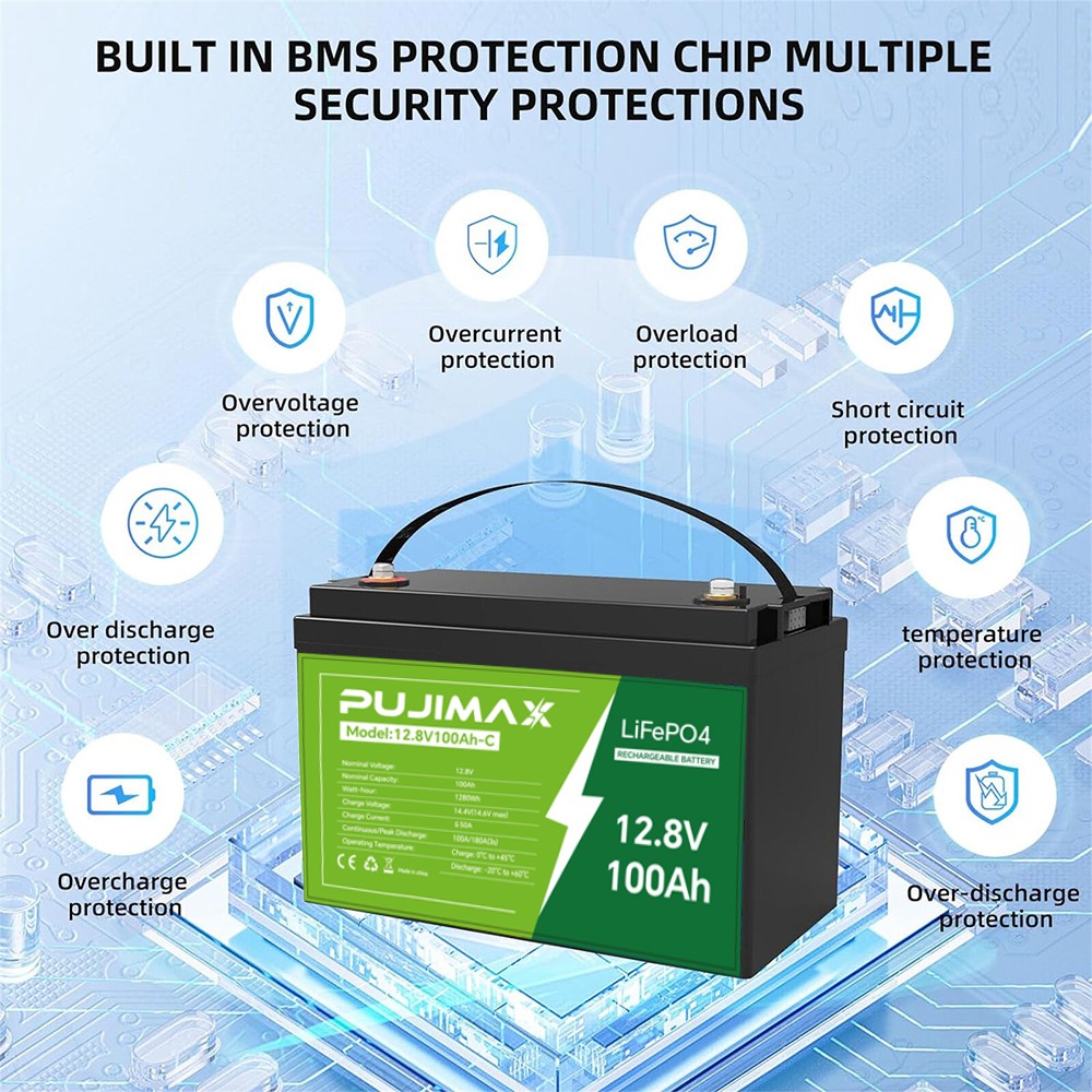 12V 100Ah LiFePO4 Lithium Battery Cycle Deep Built-in BMS for Solar RV Off-grid
