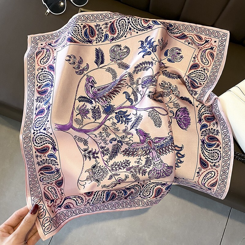 100% Mulberry Silk 27'' Scarf Women Vintage Birds Flower Kerchief Square Bandana