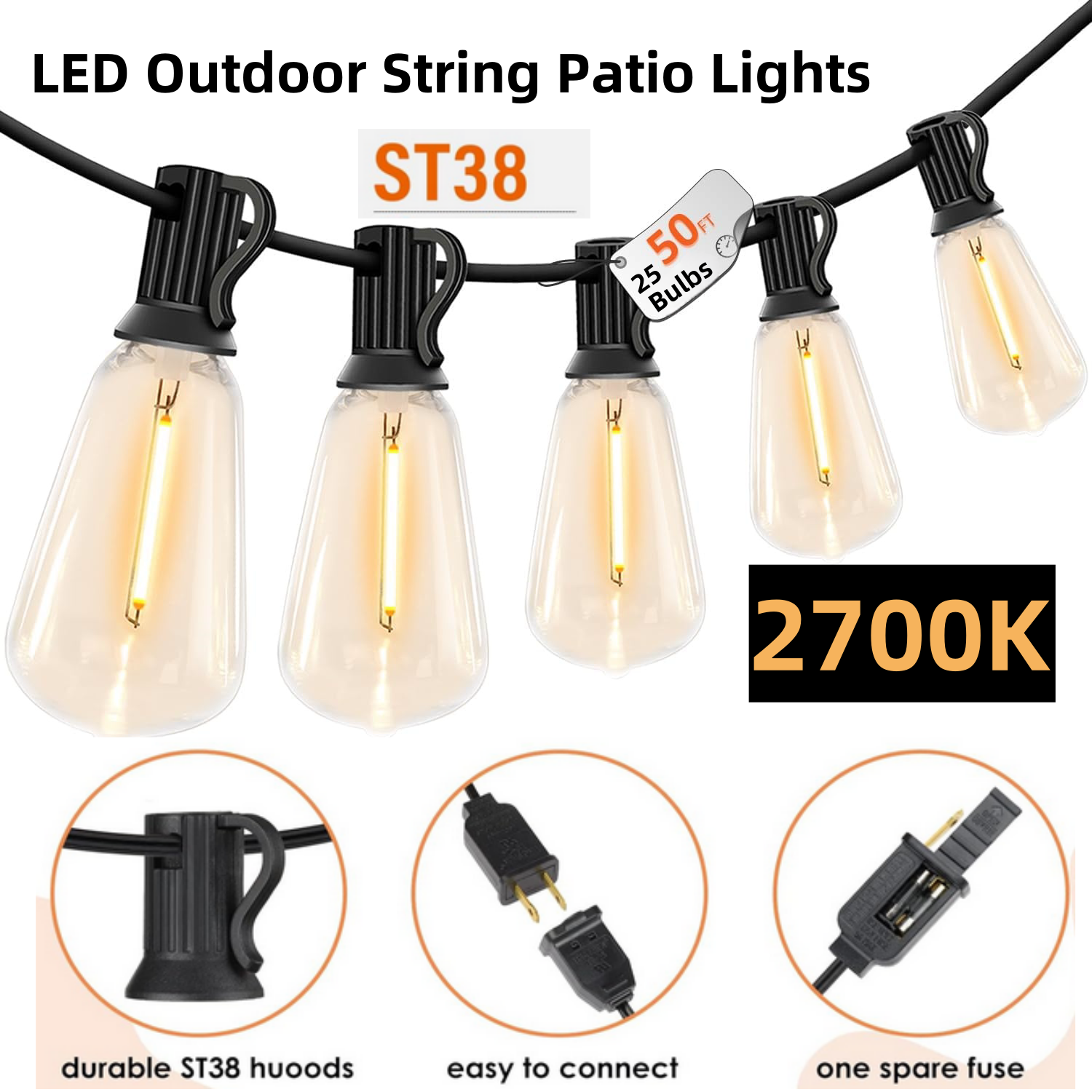LED Outdoor String Lights, ST38 LED Patio Lights with E12 Edison Vintage Bulbs