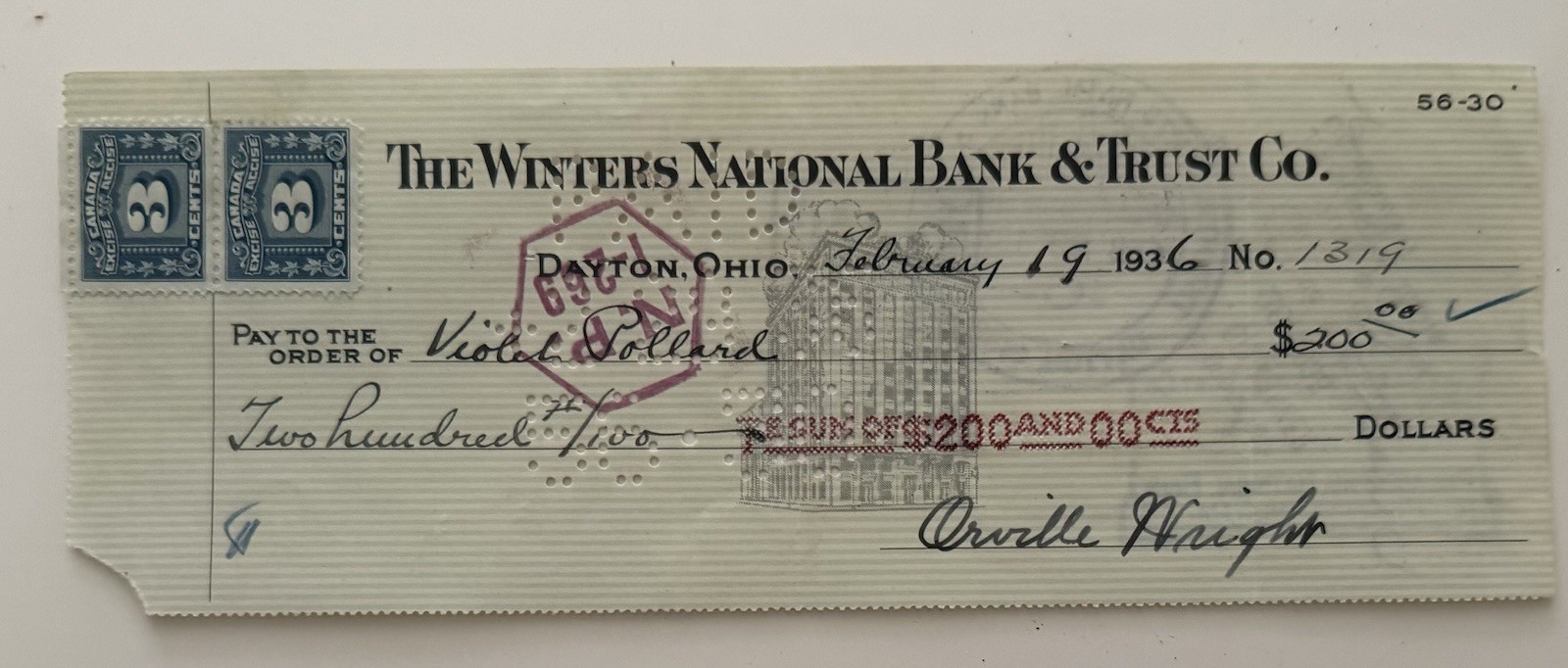 Wright Brothers 1936 Check Signed By Orville