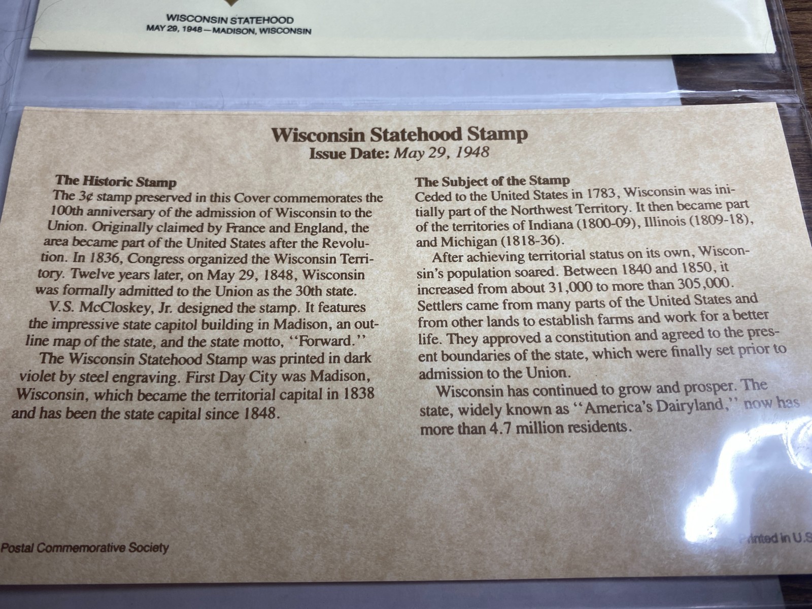 Mint, Unused Wisconsin Statehood 3c stamp Historic Stamps of America CV $34