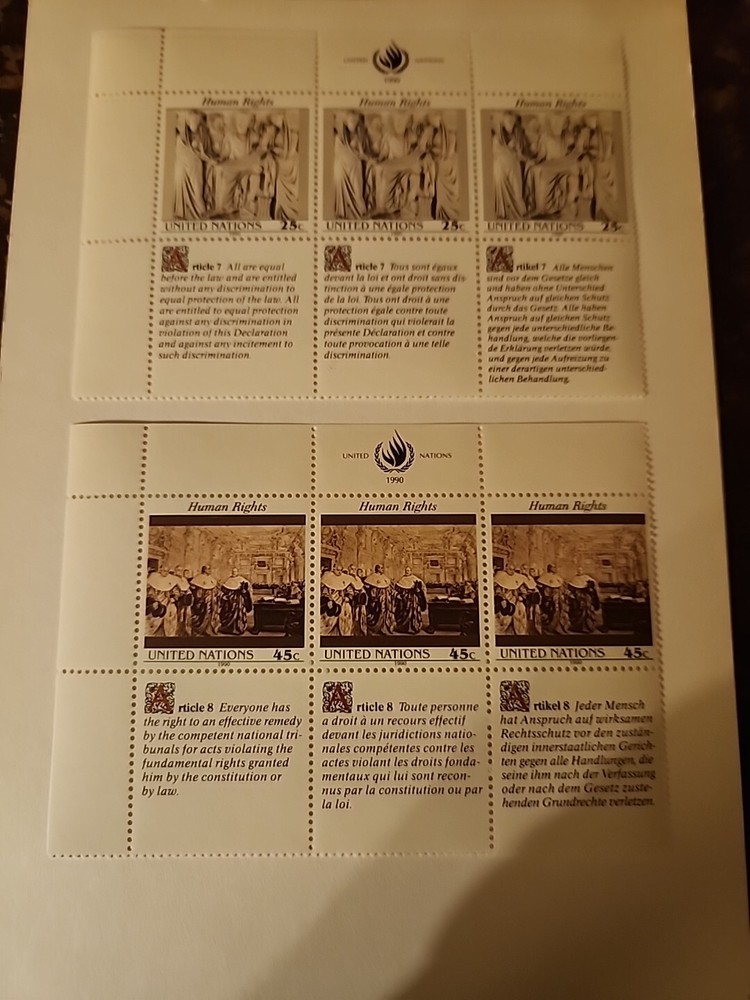 UN New York 1990..Human Rights Articles 7 and 8..Inscriptin Blocks..MNH