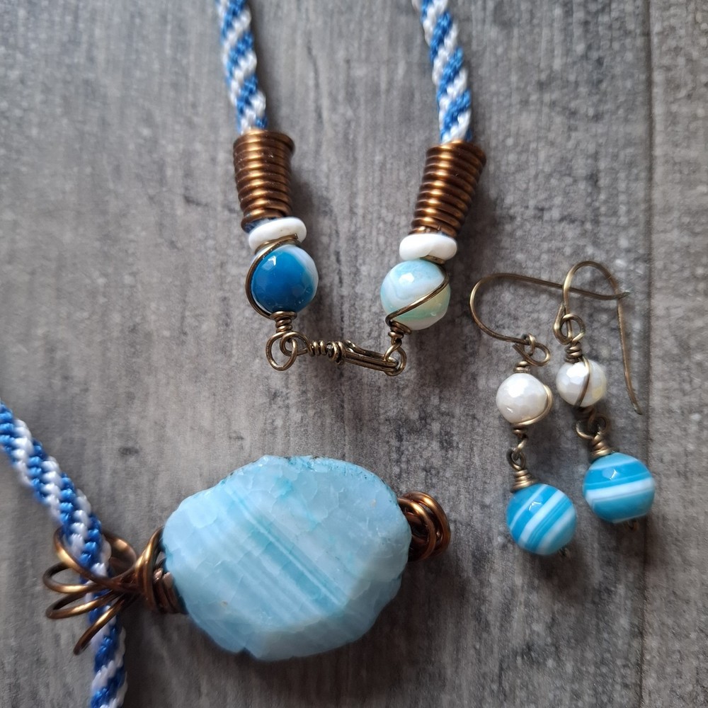 Statement Wire Wrapped Boho Blue Stone Style Necklace And Earrings Set Boho