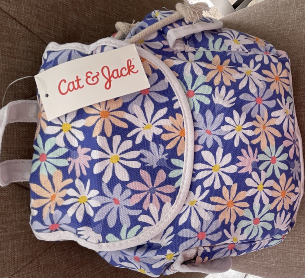 Cat & Jack Floral Canvas Backpack Purple White Adjustable Strap Drawstring 11in
