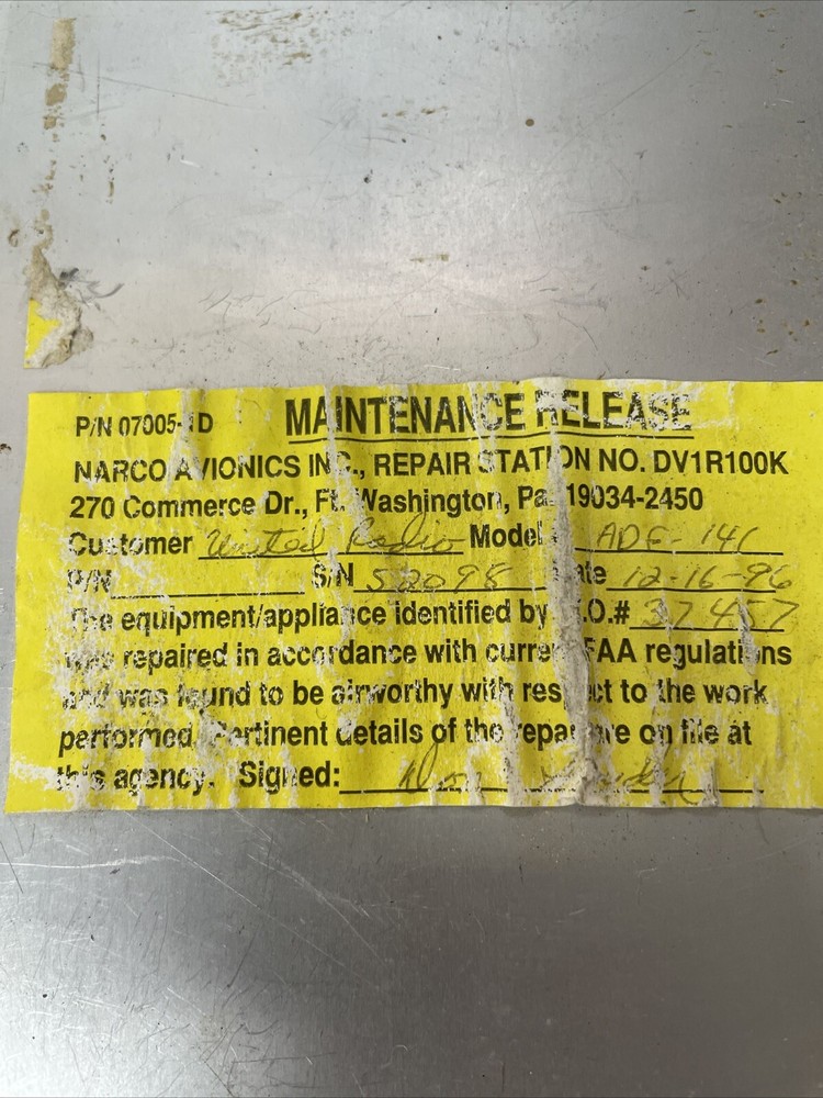 Narco Avionics ADF 141 TSO For PARTS / CORE Untested