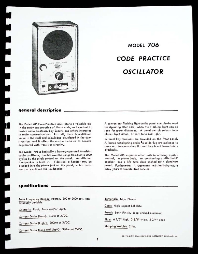 EICO Model 706 Code Practice Oscillator Operating and Assembly Manuals