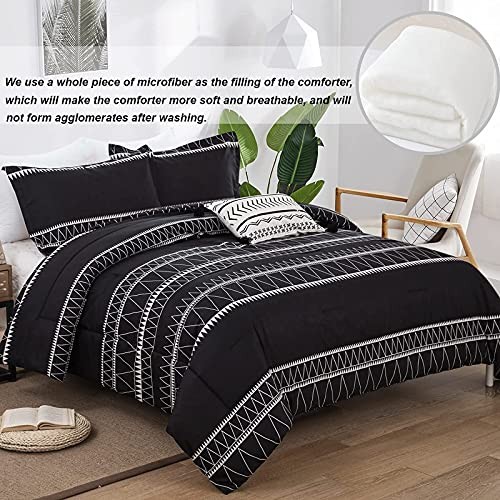 Comforter Set Reversible Boho Triangle Striped Down Alternative Queen Black