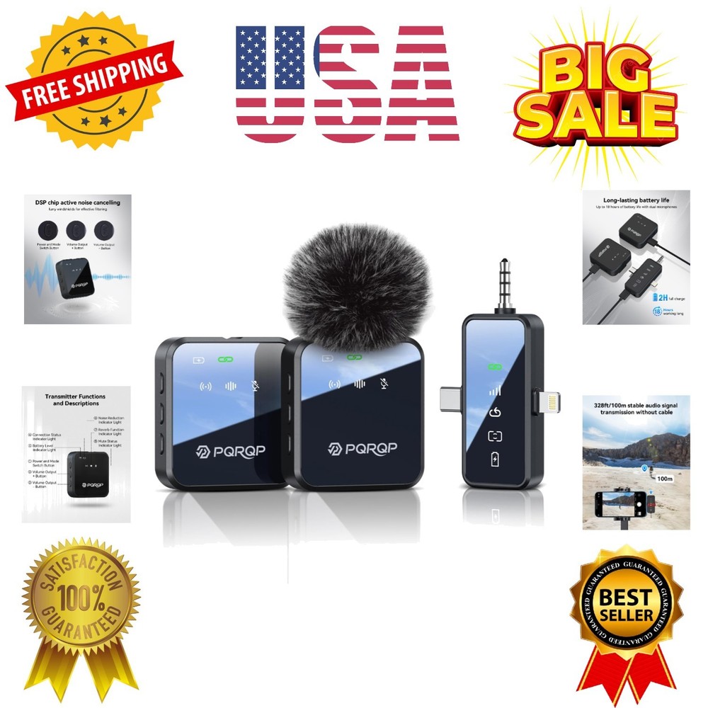 3 in 1 Microphone for iPhone/Android/Camera, Wireless Microphones, 328ft Tran...