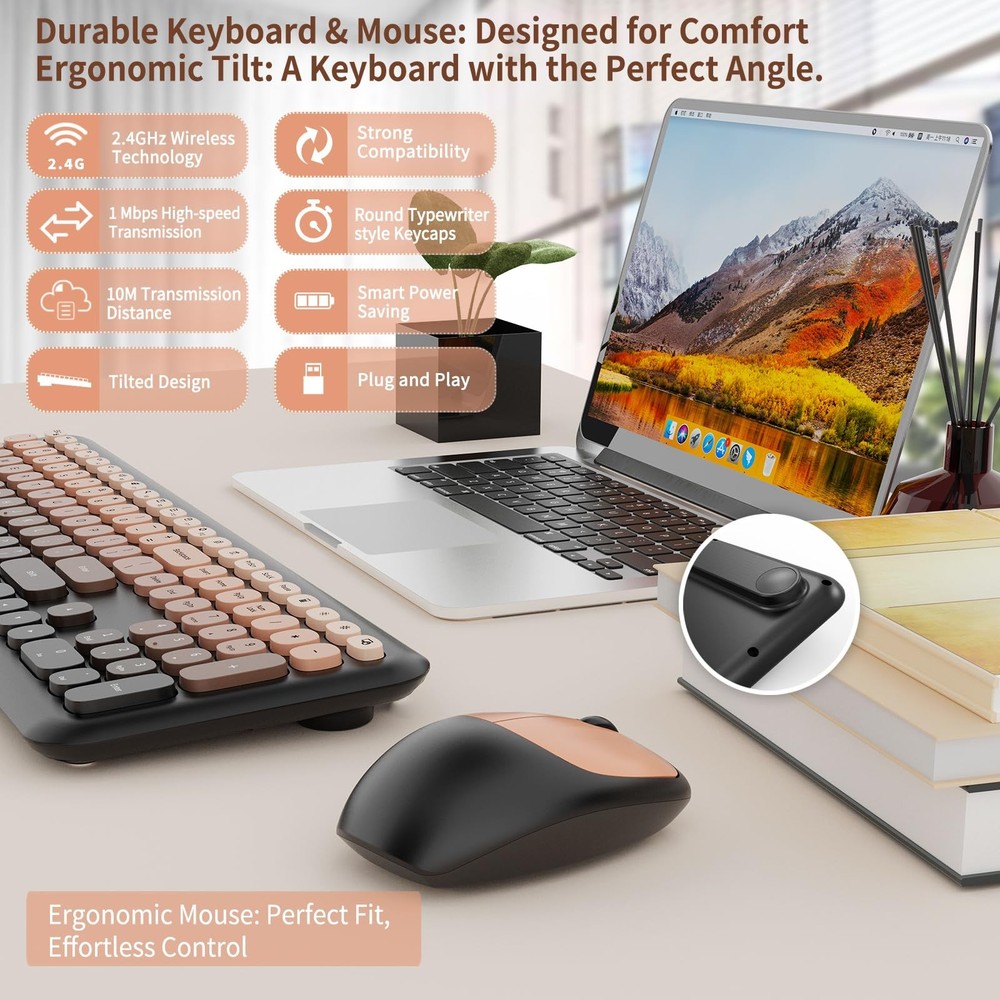 Wireless Keyboard Mouse Combo FullSize Retro Typewriter Round Keycaps Red Set