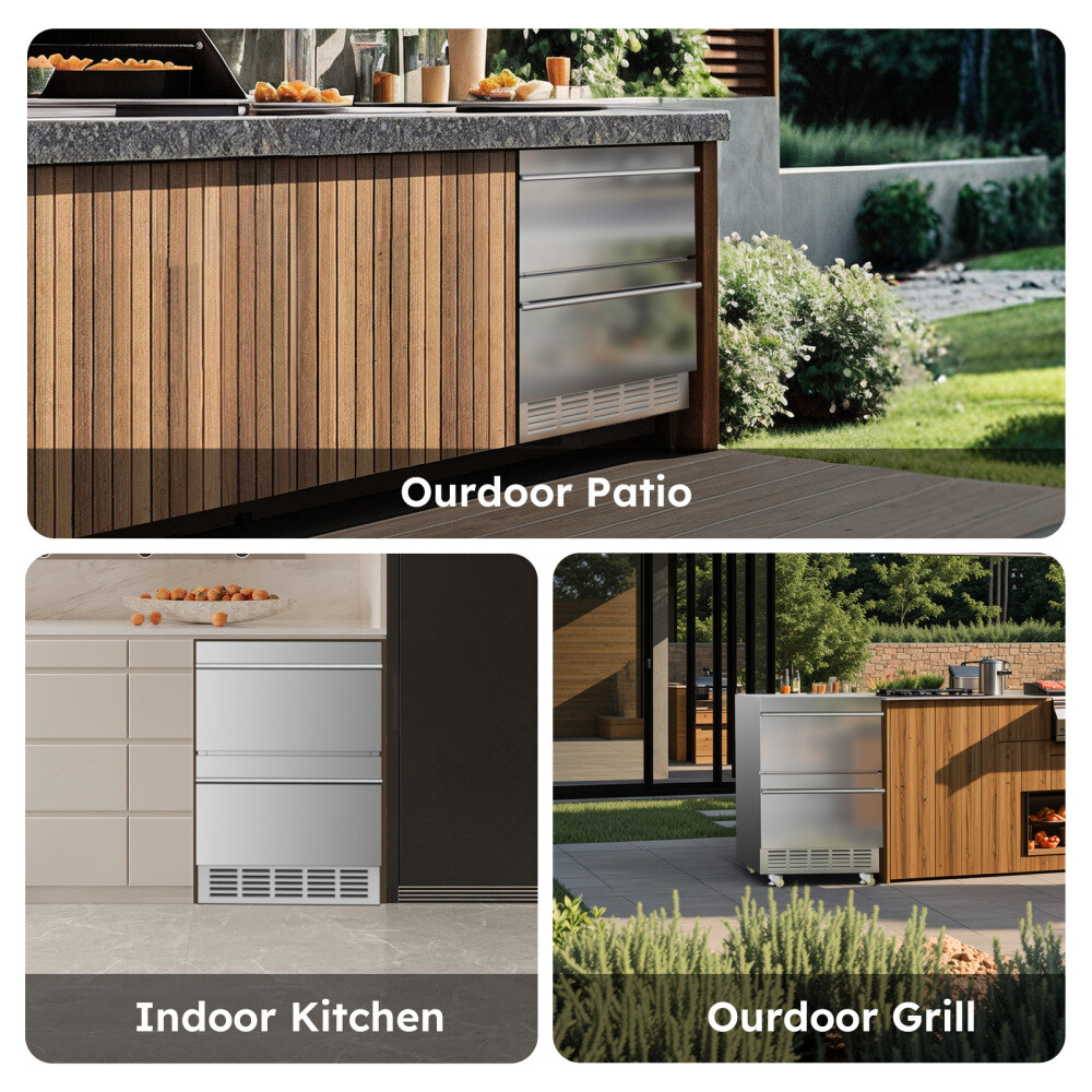 24 Inch Under Counter Beverage Refrigerator, Double Drawer Beverage Fridge