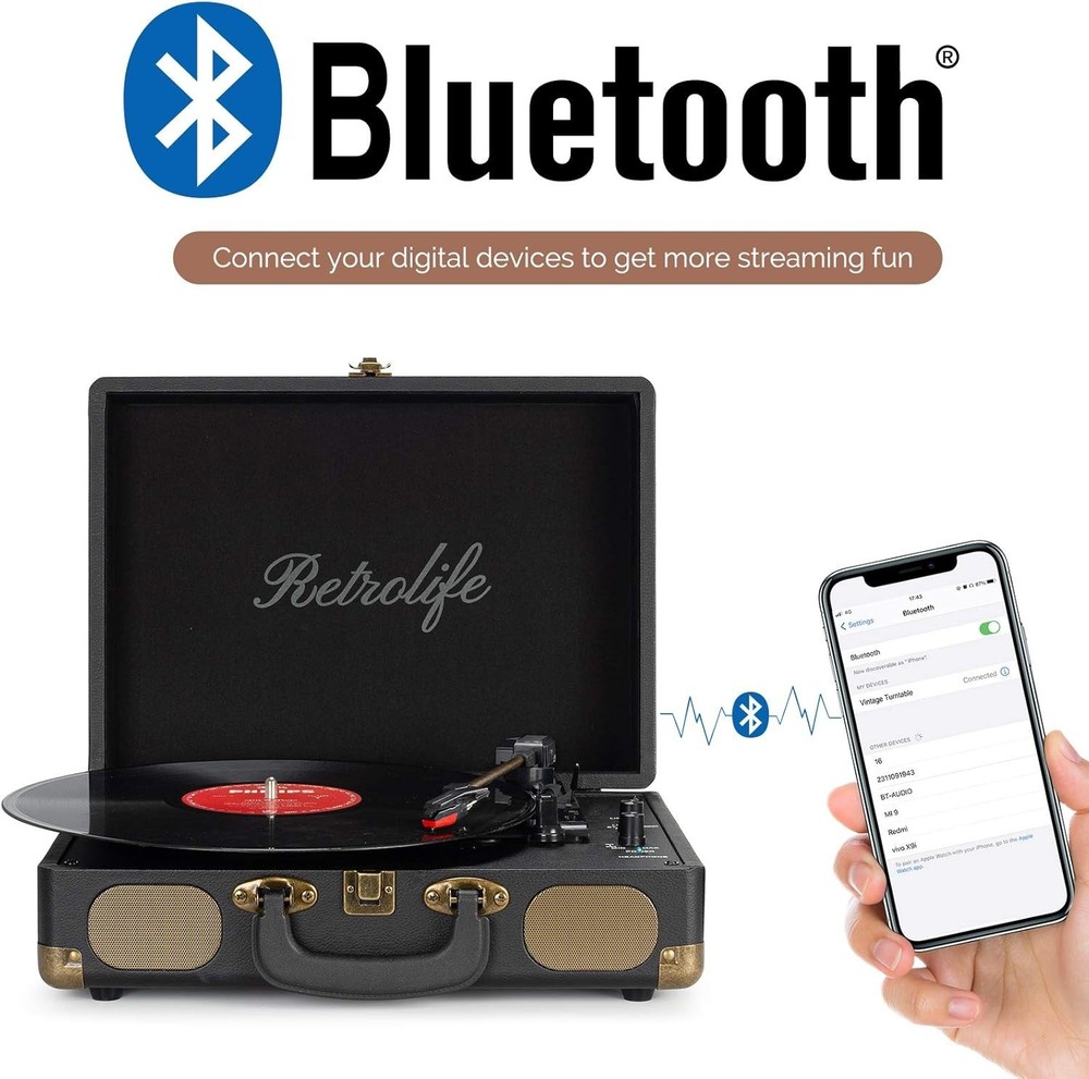 Vinyl Record Player 3-Speed Bluetooth Suitcase Portable Belt-Driven Record Pl...