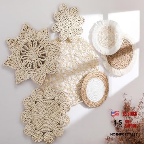 7 Pcs Boho Wall Baskets Decor Hanging Rustic Rattan Wicker Wall Baskets Round