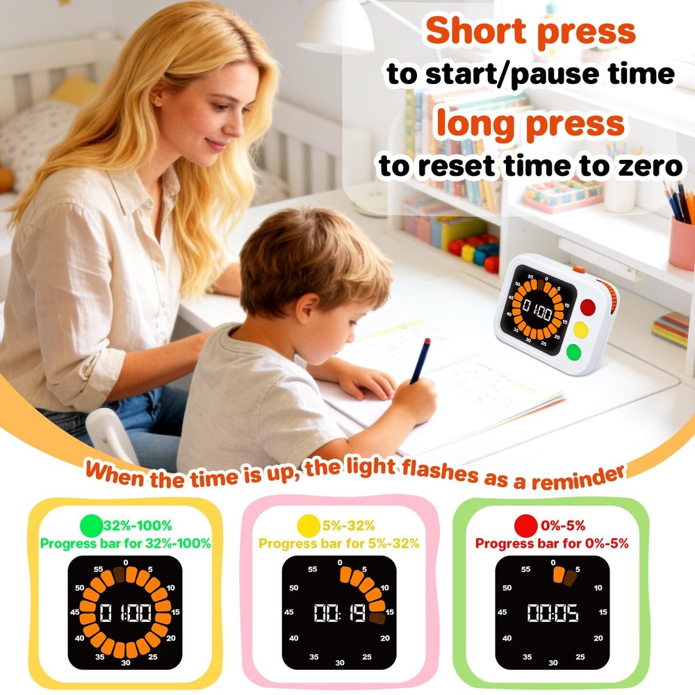 Digital Visual Timer for , with Coloured Progress bar, 60-Minute Countdown an...