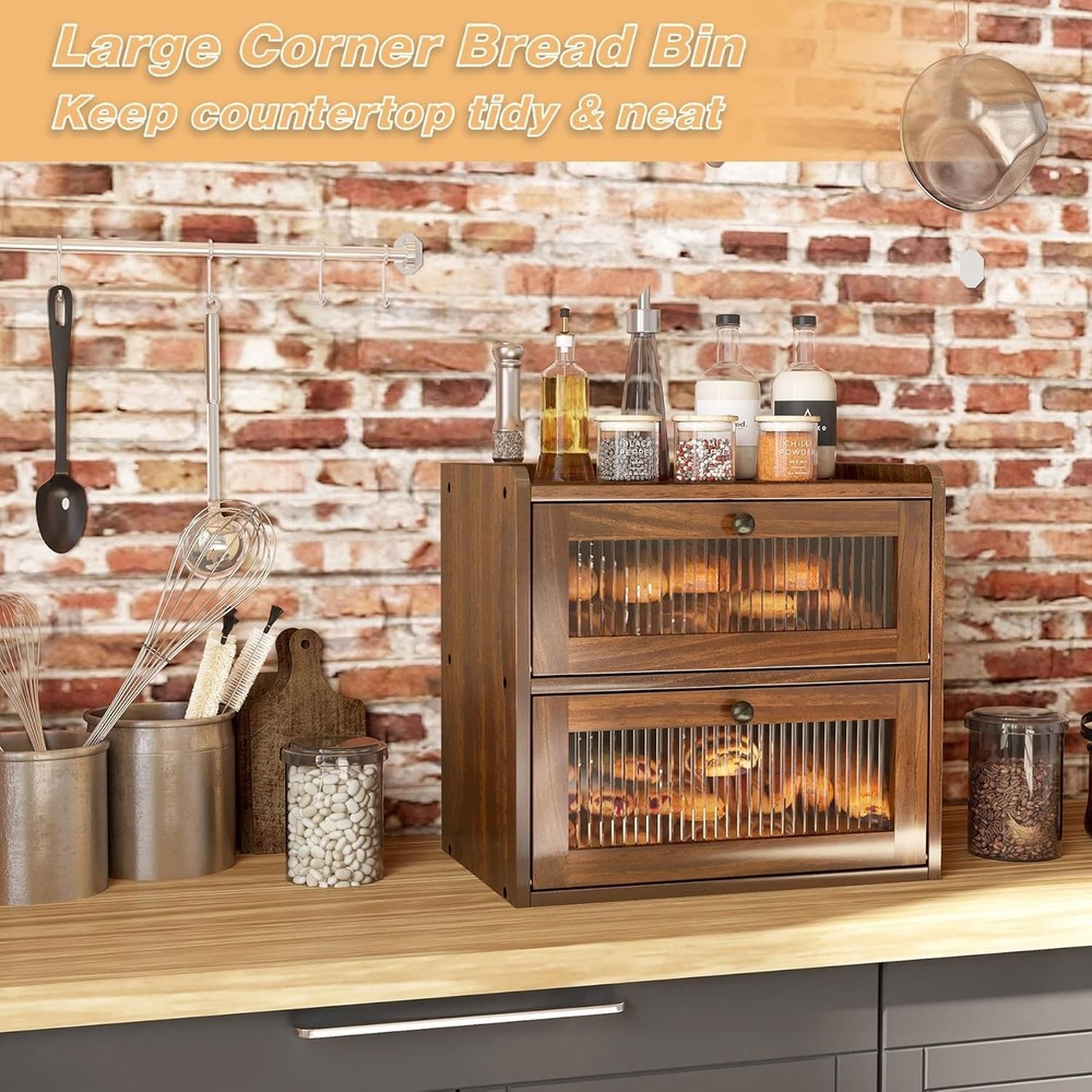 Double Layer Large Bread Box for Kitchen Counter, Wooden Corner Bread Storage Co