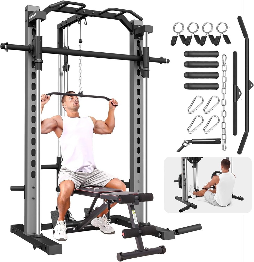 Smith Machine Power Cage Rack with Squat Rack & LAT Pull Down System Home Gym US