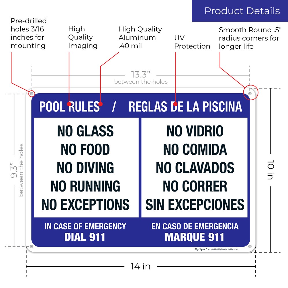 Bilingual Pool Rules English Spanish Sign,