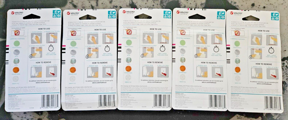 VELCRO HANGables Medium Removable Hook in White 2-Count 5 Pack
