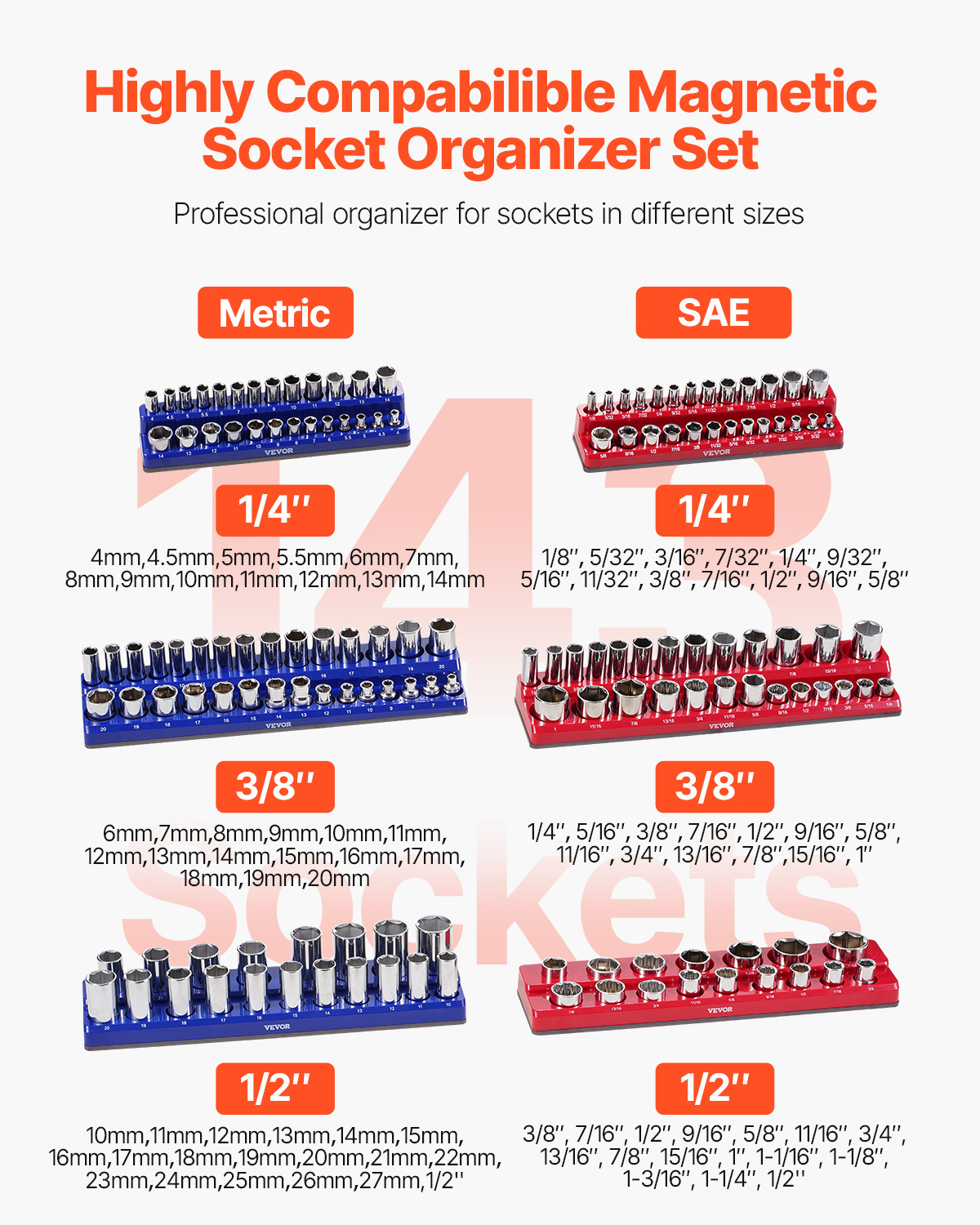 VEVOR Magnetic Socket Organizer Set 6PCS Socket Trays Blue & Red for Metric SAE