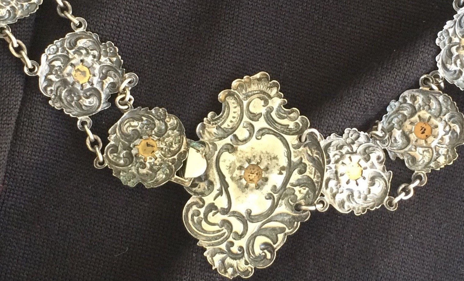 Antique Art Nouveau Victorian Belt SilverPlate Embossed Emerald Glass Stones 30"