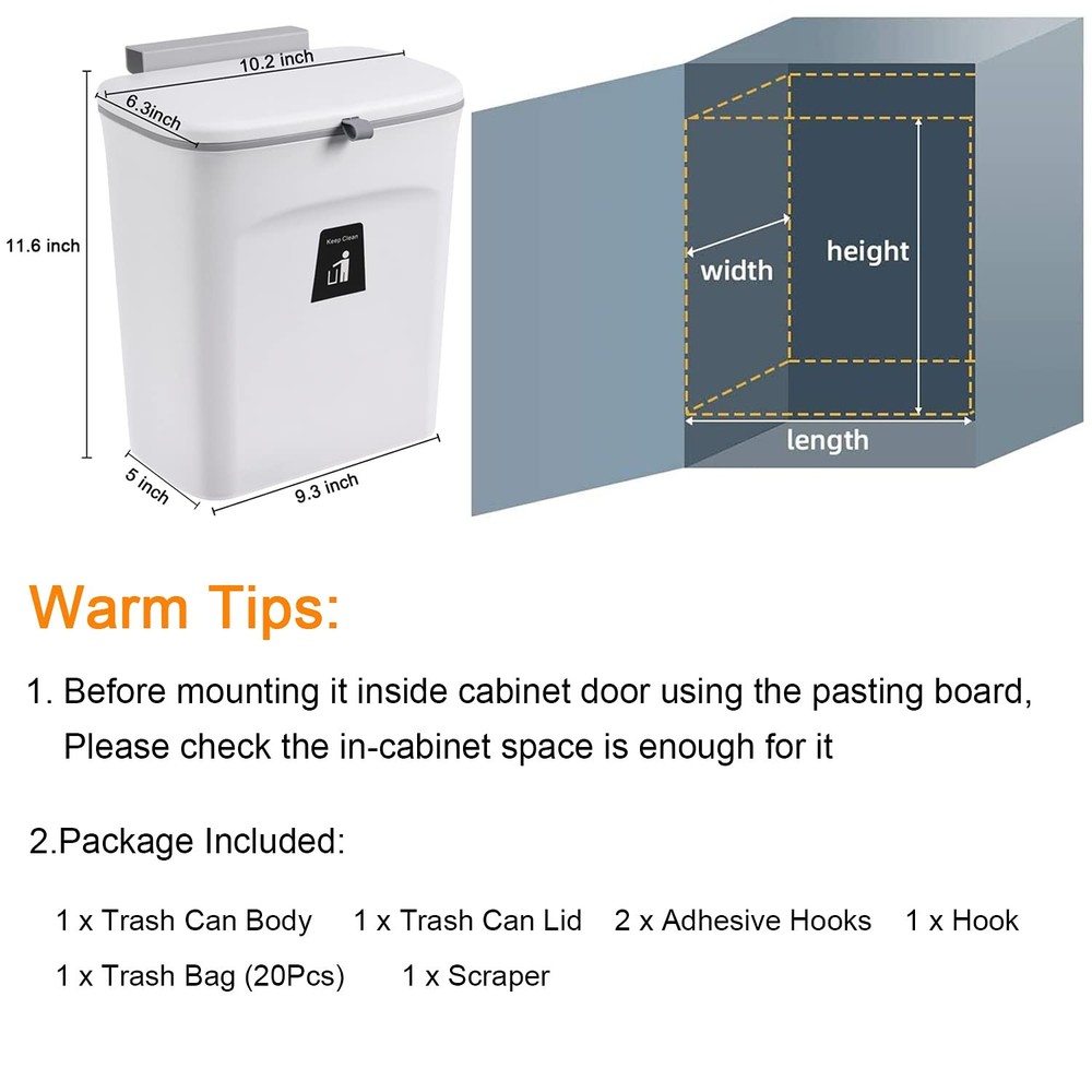 White 2.4 Gallon Hanging Small Kitchen Trash Can Lid Wall Mounted Compost Bin