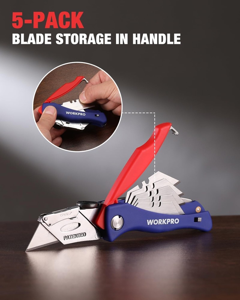 WORKPRO Folding Utility Knife 5PCS Extra Blade in Handle Quick-Change Box Cutter