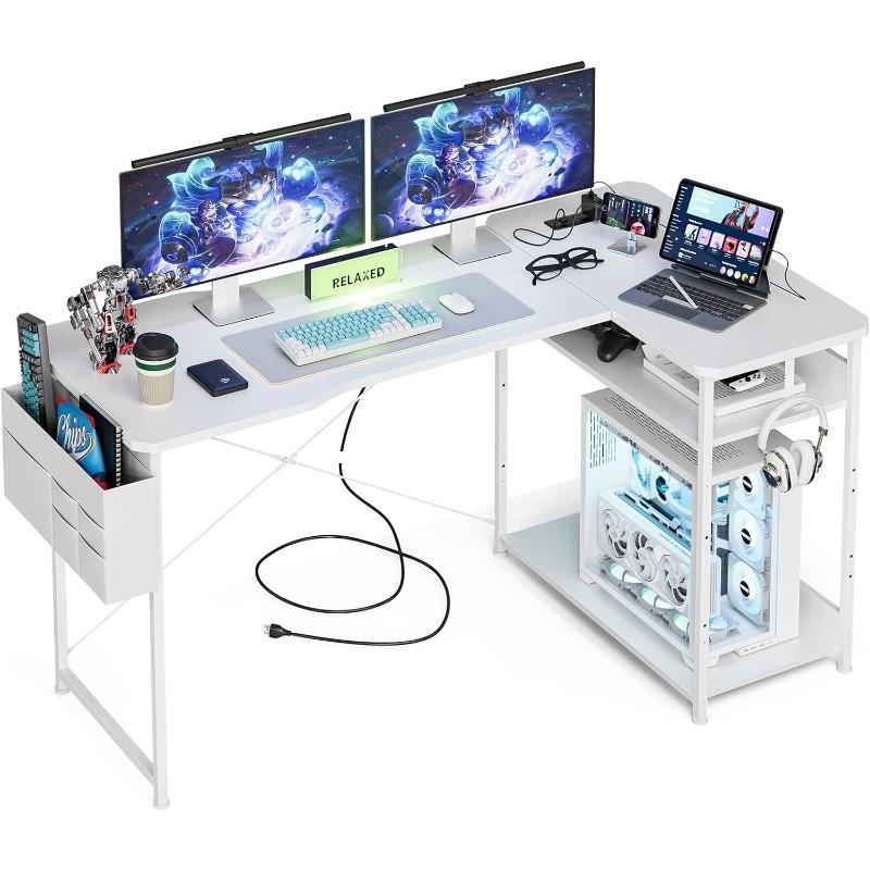 Gaming Desk with Power Outlets 48 Inch L Shaped with Shelves Storage Bag
