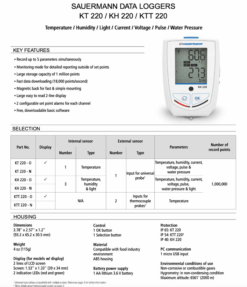 Sauermann KT 220-O Temp./Humidity/Curr./Volt./Impulsion/WP Data Logger