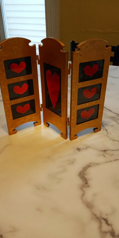 Red Hearts Stained Glass window panel - tri-fold windowsill panel freestanding 