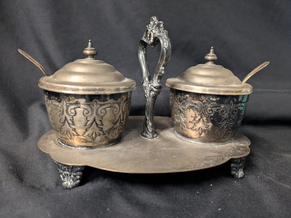 Vintage Silver Plated Floral Condiment Jam Caddy w Spoons Crown Stars Mark