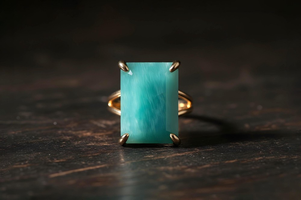 Amazonite Ring 14k Gold Rectangle Cut Sky Blue Semiprecious Statement
