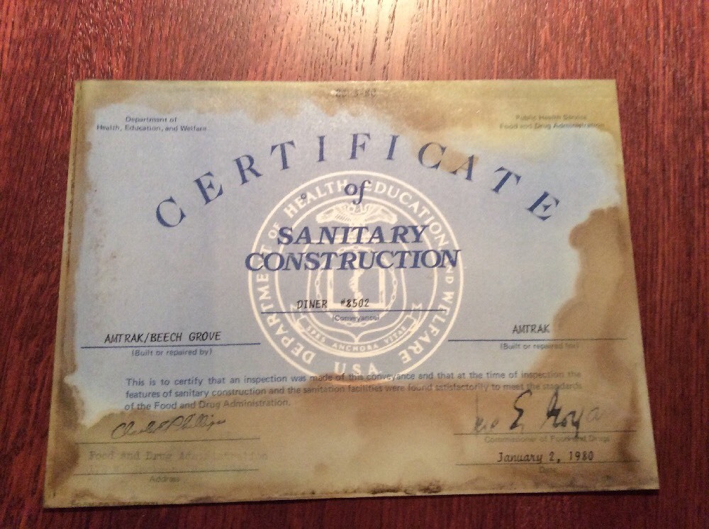 Amtrak Heritage Equipment Construction Certification for Dining Car #8502