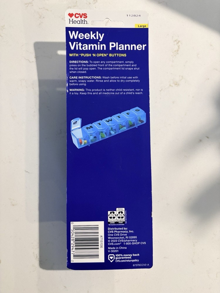 Weekly Vitamin Container Planner Case & Pill Box, Large, Push Open, Black
